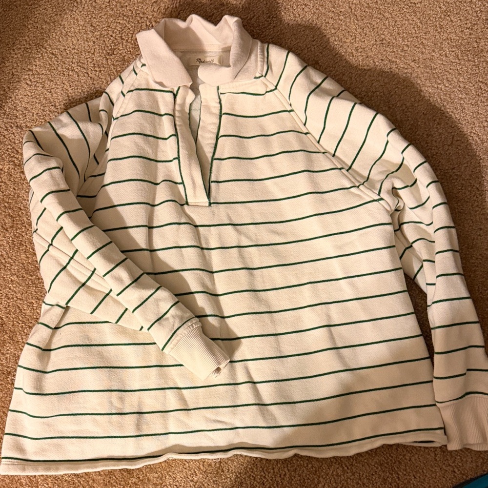 Madewell White and Green Striped Sweatshirt